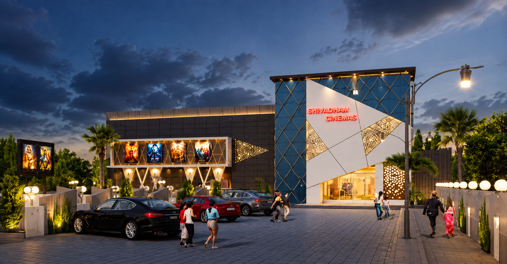 Shivadham Cinemas exterior at dusk
